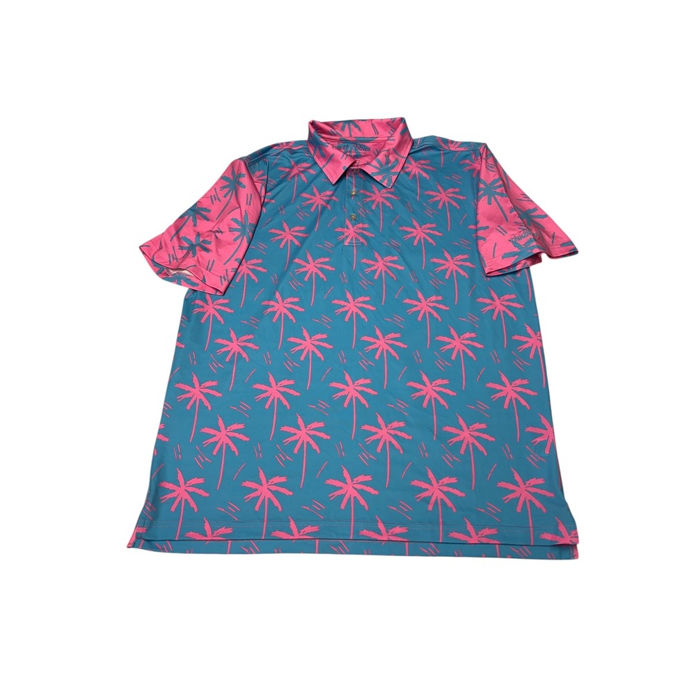 Chubbies Mens Large Performance Polo Shirt Teal Pink Palm Tree Tropical Golf
